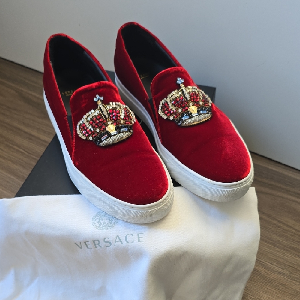 Versace Red Velvet Crown Embellished Slip-Ons